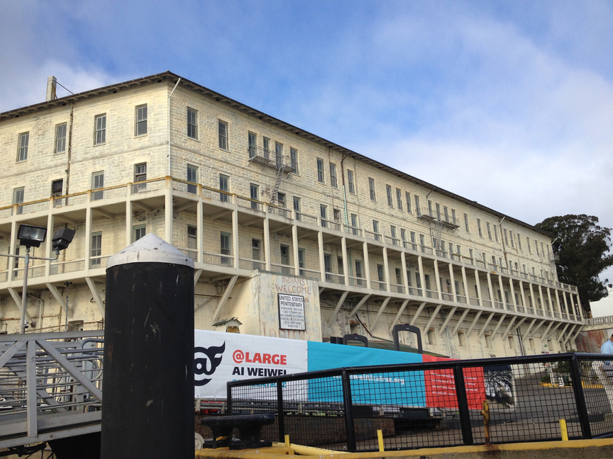 The ferry terminal at Alcatraz Island, adorned with a banner for “@Large.” Visible in the background is a signage from when the site was a federal prison (in the 1930s through to the ‘60s), and graffiti from when Native American tribes had occupied the island, to protest their civil rights, during the 1960s. All photos by Hanae Ko.