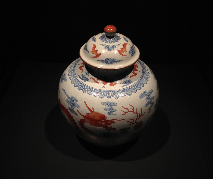 Jar with iron-red dragon-and-flaming-pearl design on white background, from the period of Qianlong (1736-1795), Qing Dynasty​. All photos by Simon Frank for ArtAsiaP​acific.