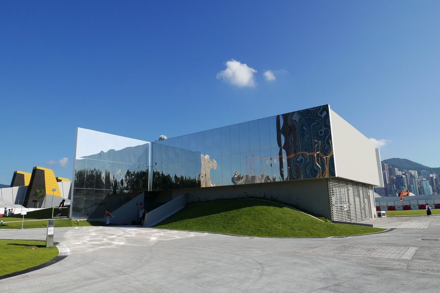 An exterior view of the M+ Pavilion. Designed to “offer a respite from hectic city life,” the building boasts mirrored walls that will reflect the surrounding landscape. The two-story structure offers an overall floor area of 878 square meters.