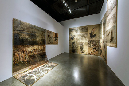 SONIA MEHRA CHAWLA, Residue, 2016, Installation with serigraphic, UV printing and drawing on wood, layered Plexiglas, acrylic sheets, 365.76 × 1,524 cm. All images courtesy Museum of Contemporary Art Yinchuan.