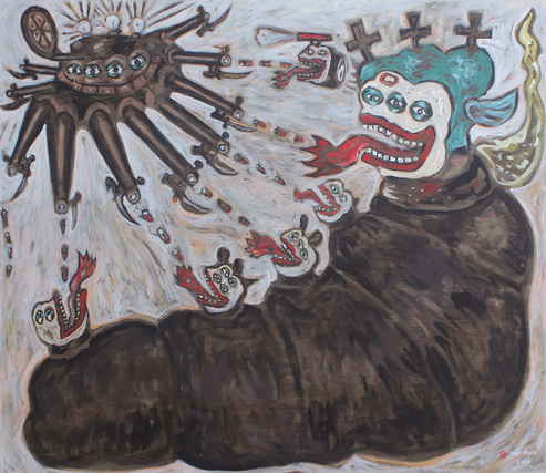 HERI DONO, Weapon’s Creature Shoot the Mother Earth, 2016, acrylic on canvas, 125 × 150 cm. Courtesy Tang Contemporary Art, Bangkok.