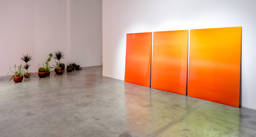 Installation view of RAJA’A KHALID’s “Solar Flare, Always Red” at Grey Noise, Dubai, 2016–17. Courtesy the artist and Grey Noise.