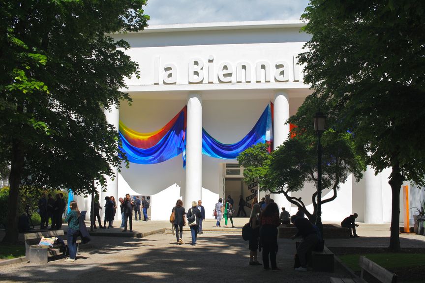 The exterior of the Central Pavilion in the Giardini draped with a colorful fabric work, Yves Klein Blue (2016) by SAM GILLIAN, an American Color Field painter who previously exhibited work in the United States Pavilion. All photos by HG Masters for ArtAsiaPacific.