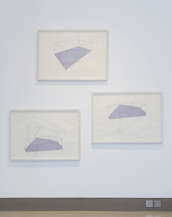 LYDIA OKUMURA, Diagram of the Reason, A, B, C, 1980, silk screen on paper, 56 × 76 cm each. Photo by Damian Griffiths. Courtesy the artist and White Rainbow, London.