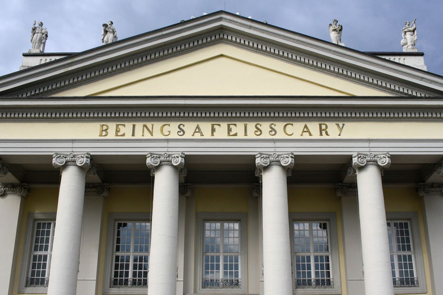 On the neoclassical frieze of the Fridericianum, BANU CENNETOĞLU used letters from the museum’s name, and cast others, for the phrase “Being safe is scary.” It is based on graffiti seen near the National Technical University of Athens as of April 6, 2017, and was one of many works engaged in facile sloganeering.