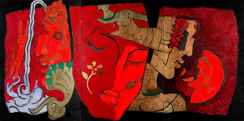 MF HUSAIN, Hindu Triad, 2008–2011, oil on canvas, 182.9 × 365.76 cm. Courtesy Victoria and Albert Museum, London.