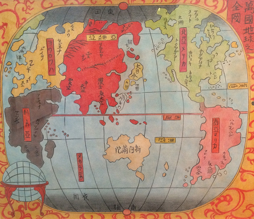 SAM DURANT’s room in the Yokohama Museum of Art relayed the opposing perspectives of Japan and the United States during the late 19th century. It included found objects and paintings from the Yokohama Museum of Art’s permanent collection. 1853–1900, Map of the World, Japan Centered (2015) is a drawing based on a real historical map. All photos by Emily Wakeling for ArtAsiaPacific.