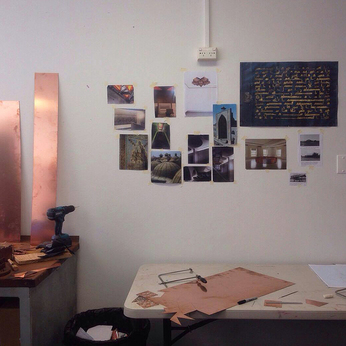 The studio space of SHIREEN TAWEEL, as seen in the Parramatta Artist Studios. Photo by Tess Maunder by ArtAsiaPacific.