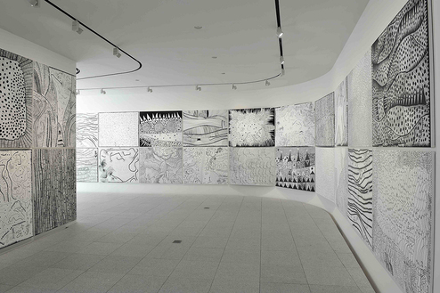 Installation view of the second floor gallery in the Yayoi Kusama Museum. Courtesy the Yayoi Kusama Museum, Tokyo.