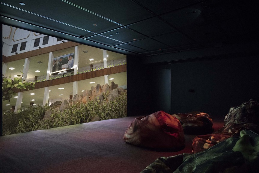 Installation view of C. SPENCER YEH’s “Shocking Asia” at Empty Gallery, Hong Kong, 2017, with Shocking Asia (2017, left) and Shocking Asia Beanbags (2017, right). Photo by Michael Yu. Courtesy Empty Gallery.