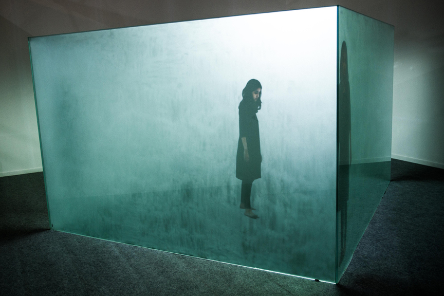 As part of the fair’s “Project Space,” the figure in ZOYA SIDDIQUI’s Loop (2013) steps eerily back and forth across the four walls of a luminous cube. The presentation was shown with support from Shrine Empire (New Delhi).