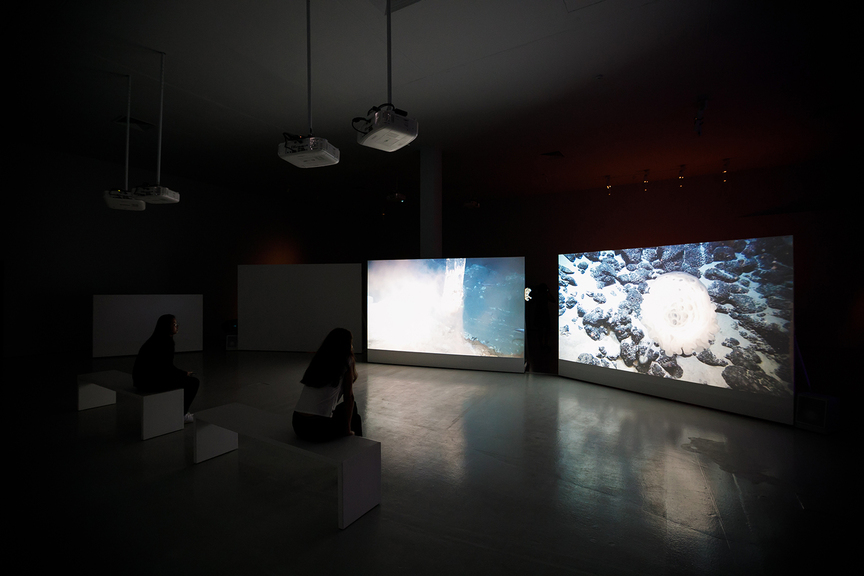 Installation view of ARMIN LINKE’s Oceans. Dialogues Between Ocean Floor and Water Column, 2017, four-channel video installation, dimensions variable, at “The Oceanic,” NTU Centre for Contemporary Art Singapore, 2017–18. Courtesy NTU Centre for Contemporary Art Singapore.