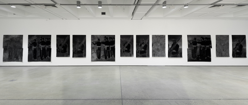 Installation view of TOM NICHOLSON’s Cartoons for Joseph Selleny, 2014, 12 perforated charcoal drawings, dimensions variable, at “Drawings and Correspondence,” Institute of Modern Art, Brisbane, 2018. Courtesy Mary and Peter Nicholson and Institute of Modern Art.