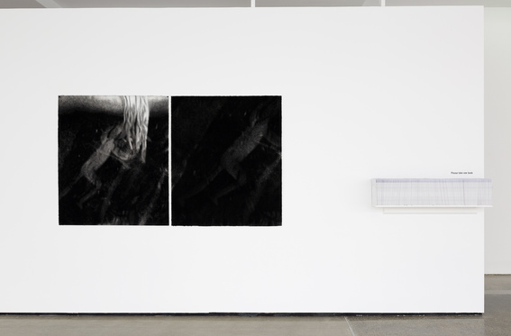 Installation view of TOM NICHOLSON’s Drawings and Correspondence 3, 2010–11, willow charcoal, compressed charcoal and white pastel on two sheets of paper, 123 × 105 cm each, at “Drawings and Correspondence,” Institute of Modern Art, Brisbane, 2018. Courtesy Mary and Peter Nicholson and Institute of Modern Art.