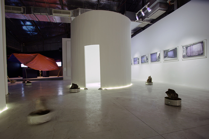 Installation view of TUẤN MAMI’s Mountains, 2014– , soil rock, moss and automatic motion sensor, dimensions variable, at “In One’s Breath–Nothing Stands Still,” The Factory Contemporary Arts Centre, Ho Chi Minh City, 2018.