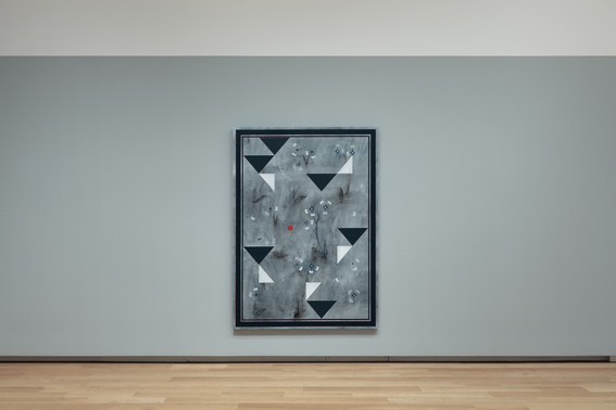 Installation view of KAMROOZ ARAM’s Ornamental Composition for Social Spaces 16, 2018, oil, wax, oil crayon and pencil on canvas, 198.1 × 142.4 × 4.1 cm, at “Focus,” Modern Art Museum of Fort Worth, 2018.