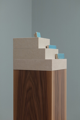 Installation view of KAMROOZ ARAM’s Composition with Fragments, 2017, walnut, linen on mdf, ceramic tiles, 110.5 × 30.5 × 30.5 cm, at “Focus,” Modern Art Museum of Fort Worth, 2018.