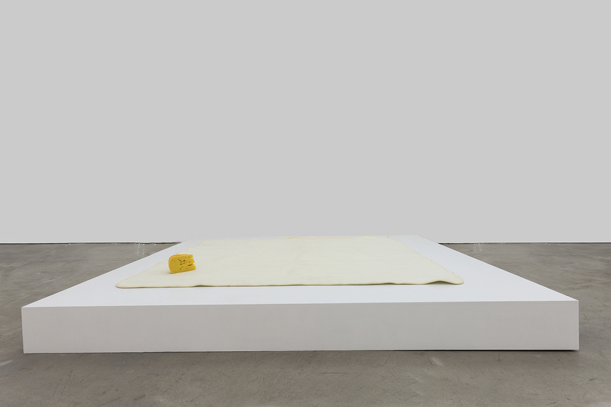 Installation view of MAK YING TUNG 2’s Physicality I, 2018, cheese on heating pad, 125 × 84.5 cm, at “The Anything Machine,” de Sarthe Gallery, Beijing, 2018.