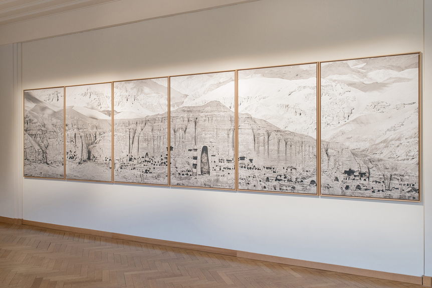 Installation view of PASCAL CONVERT’s  Falaise de Bâmiyân, 2017, photographs on dibond, 158.5 × 105.5 cm each, at “Melancholia,” Villa Empain, Brussels. Courtesy Galerie Eric Dupont, Paris.