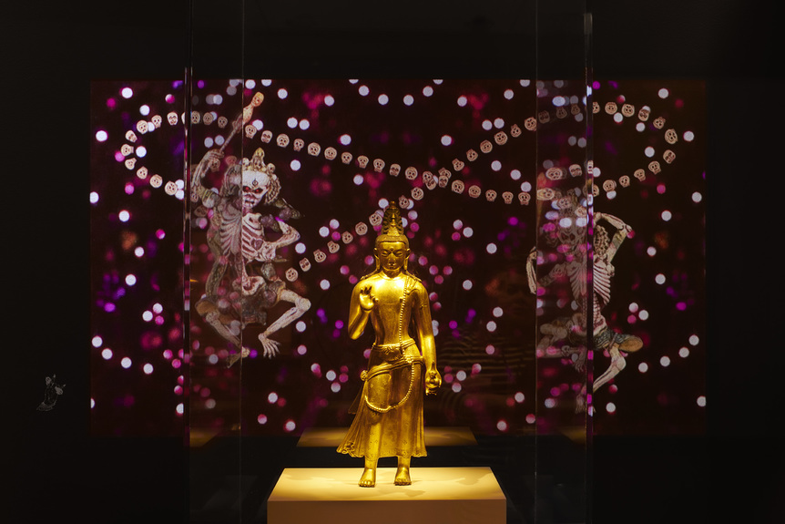 Installation view of CHITRA GANESH‘s Silhouette in the Graveyard, 2018, digital animation: 1 min 22 sec., at “The Scorpion Gesture/Face of the Future,” Rubin Museum of Art, New York, 2018. Photo by Phoebe D’Heurle. Courtesy Rubin Museum of Art.