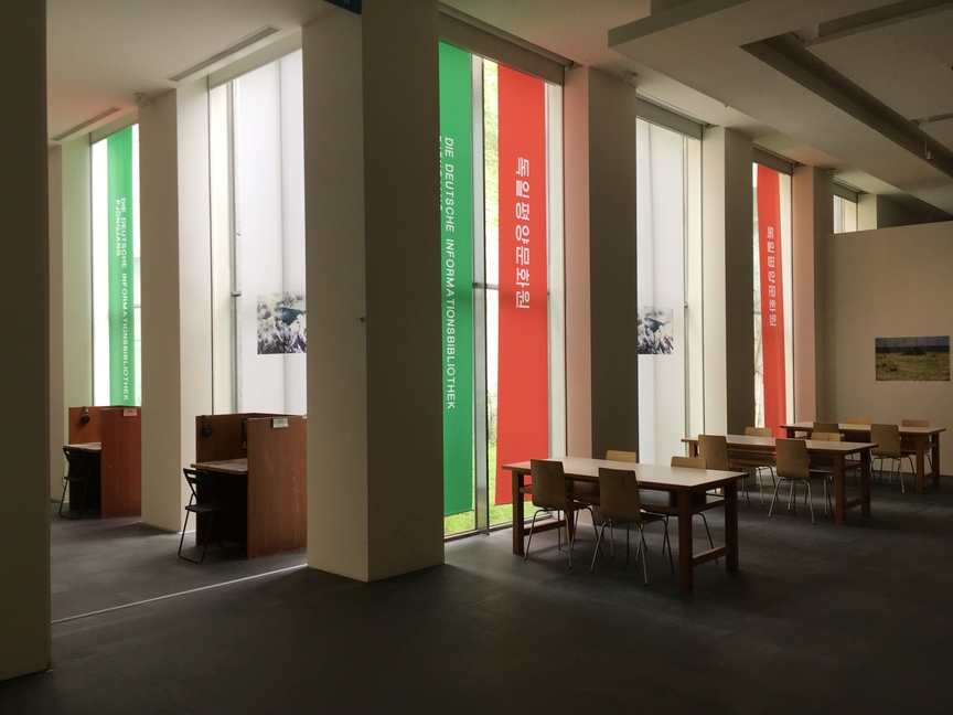 Installation view of SARA SEJIN CHANG’s German Library Pyongyang, 2015– , library intervention, dimensions variable, at the 6th Kuandu Biennale, Taipei, 2018.