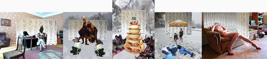 BAKHYT BUBIKANOVA, New Year’s Post Cards, 2014, five-part photomontage, (left to right) 60 × 80 cm, 60 × 60 cm, 70 × 50 cm, 60 × 60 cm, 60 × 80 cm. Courtesy the artist