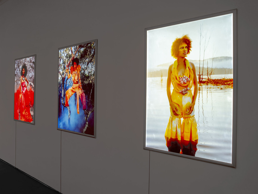 Installation view of HANNAH BRONTË’s Futcha Ancient (detail), 2018, lightboxes, photographic prints, textiles, ink, shell, dimensions variable, at “The Commute,” Institute of Modern Art, Brisbane, 2018.