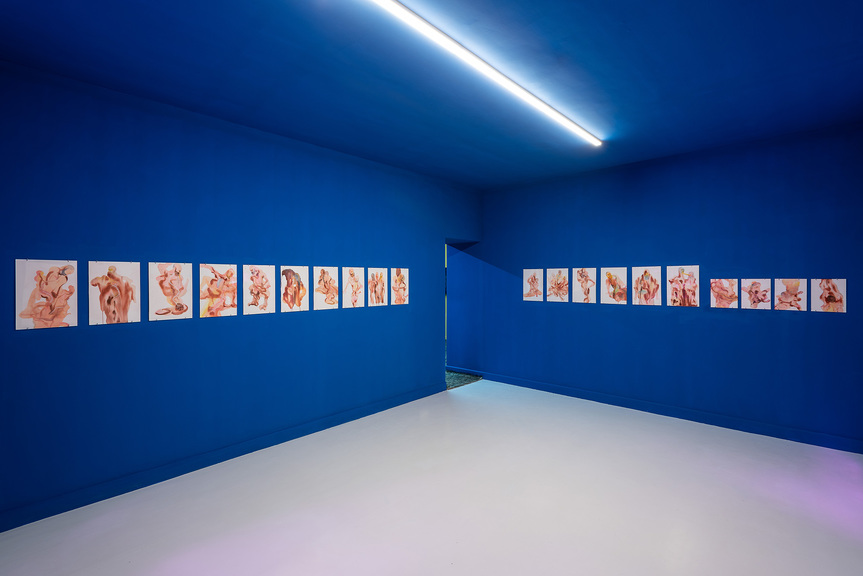 Installation view of WANG HAIYANG’s Untitled, 2018, watercolor on paper, 45.5 × 30.5 cm (16 pieces) and 30.5 × 23 cm (4 pieces).