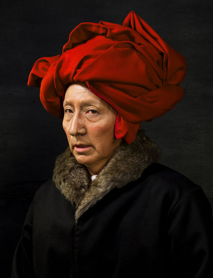 YASUMASA MORIMURA, Self-Portraits Through Art History (Van Eyck in a Red Turban), 2016, chromogenic print, transparent medium, 33 × 26 cm. Copyright Yasumasa Morimura. Courtesy the artist and Luhring Augustine, New York.