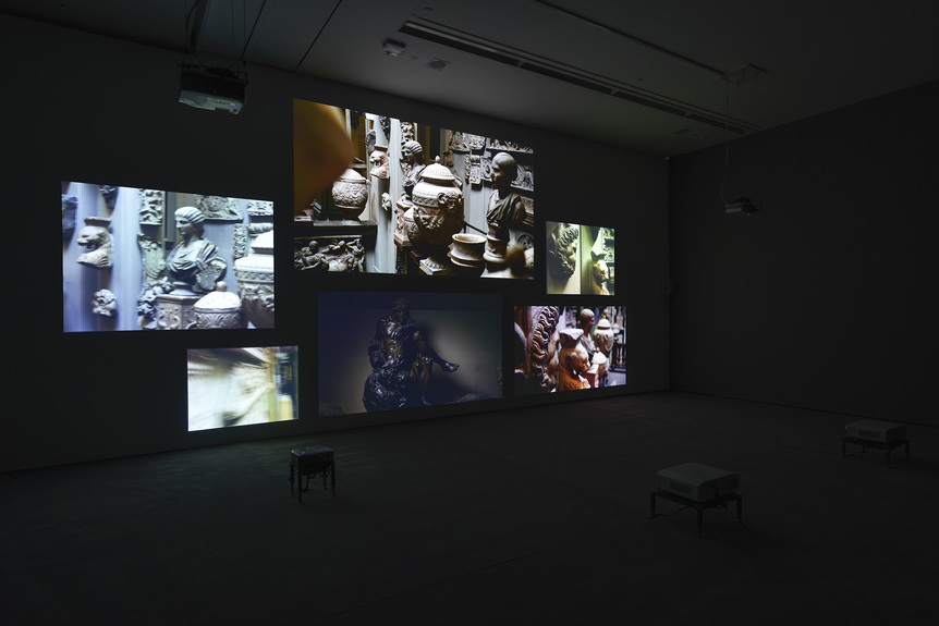 Installation view of FIONA TAN’s Inventory, 2012, HD video installation, six screens: 16 mins 30 sec, at “Depot,” Baltic Centre for Contemporary Art, Gateshead, 2015.