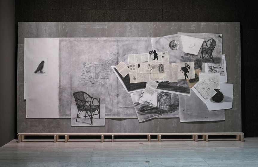 Installation view of WILLIAM KENTRIDGE‘s Drawing for ’7 Fragments for Georges Méliès,’ ‘Day for Night’ and ‘Journey to the Moon,’ 2003, charcoal, pastel, pencil, found pages and collage on paper, dimensions variable, at "That Which We Do Not Remember,” Art Gallery of New South Wales, Sydney, 2018–19.