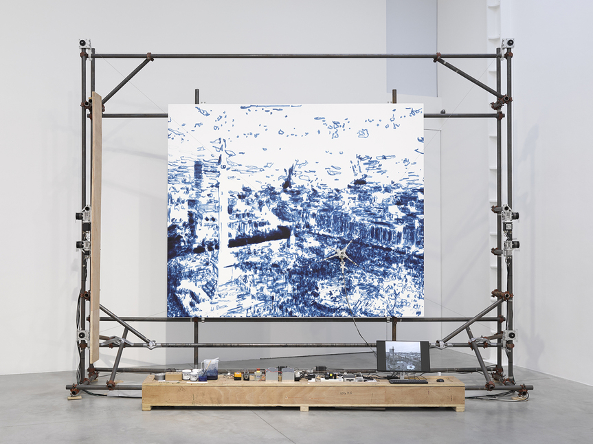 LIU XIAODONG, Weight of Insomnia (London), 2018– , multimedia installation with painting machine, live video streaming and acrylic on canvas, 250 × 300 cm.