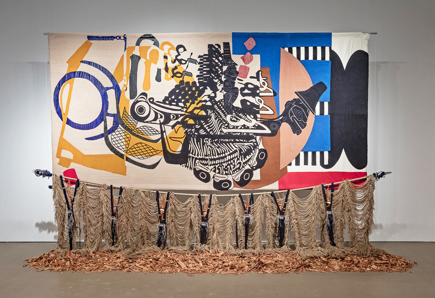 NIRBHAI SINGH SIDHU with NICHOLAS GALANIN, Axes in Polyrhythm, from the series “When My Drums Come Knocking They Watch,” 2018, cotton, wool, jute, copper leaf, resin, nylon and red cedar, 493 × 325 cm.