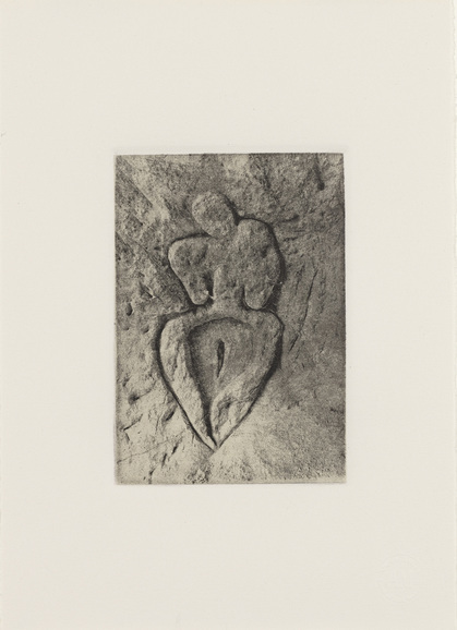 ANA MENDIETA, Untitled [Guanaroca (First Woman)], from “Esculturas Rupestres” (“Rupestrian sculptures”), 1982, printed 1993, photo-etching on chine collé on Arches cover paper, sheet: 25.4 × 18 cm, image: 9.2 × 13.2 cm. Courtesy Queensland Art Gallery | Gallery of Modern Art, Brisbane.