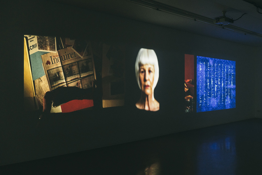 Installation view of PETER KENNEDY’s The Photographs’ Story, 2004–16, six-channel video installation with color, sound: 38 min (6 min 20 sec each part), at “There Then Here Now,” Milani Gallery, Brisbane, 2019. Photo by Charlie Hillhouse.