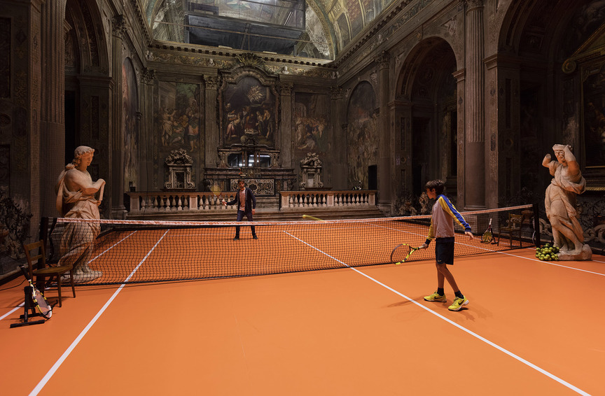 Installation view of ASAD RAZA’s Untitled (Plot for Dialogue), 2017, clay tennis court, dimensions variable, at San Paolo Converso, Milan, 2017. Courtesy the artist.