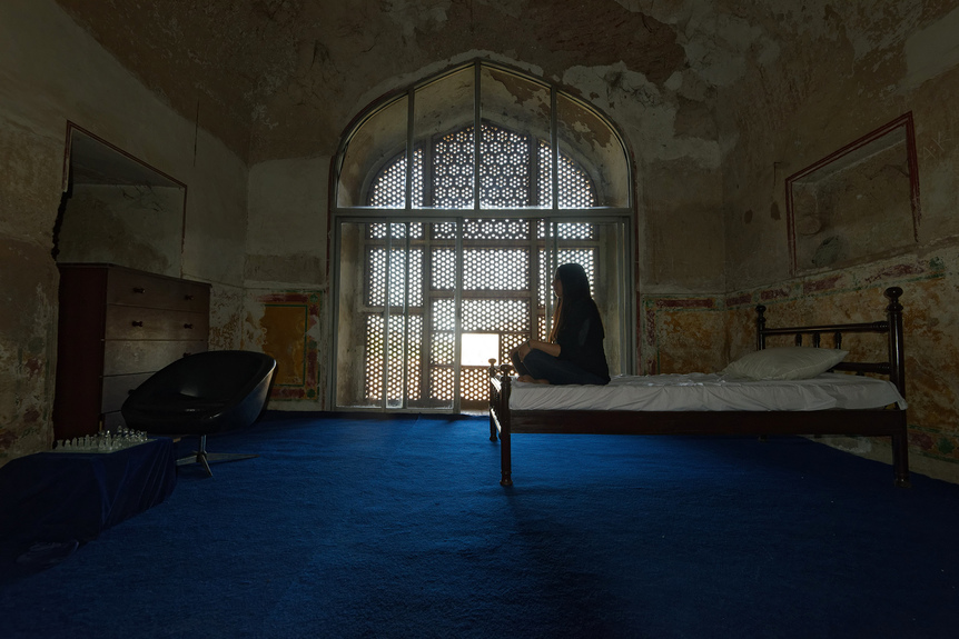 Installation view of ASAD RAZA’s The Bedroom, 2018, site-specific installation, dimensions variable, at the Mughal Summer Palace, Lahore Biennale, 2018.