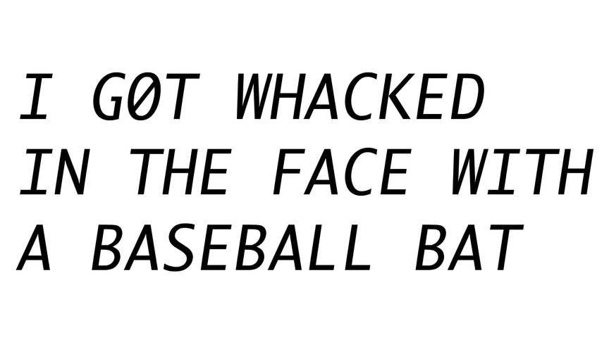 YOUNG-HAE CHANG HEAVY INDUSTRIES, I GOT WHACKED IN THE FACE WITH A BASEBALL BAT (AND WHEN I CAME TO SAW LEONARDO’S LAST SUPPER ON A VELVET PAINTING HUNG OVER AN OLD SOFA), 2018, still from video: 5 mins. Courtesy the artists.