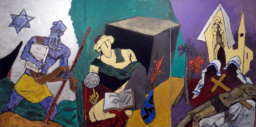 MF HUSAIN, (World Religions), 2008, acrylic on canvas, 120 × 540 cm. Collection of the Qatar Foundation, Doha.