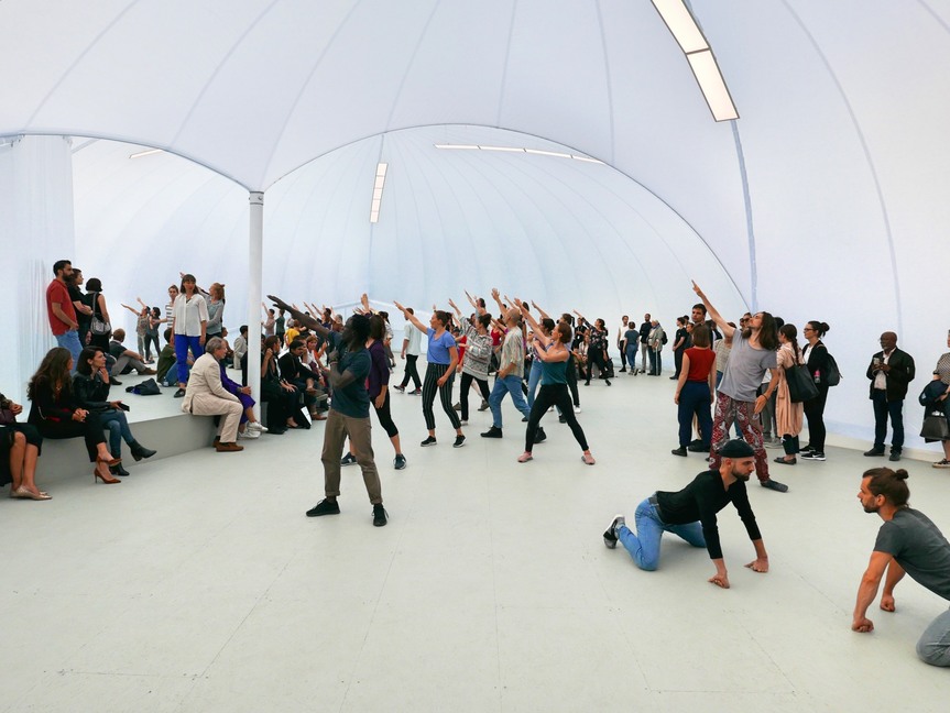 Artist and choreographer ALEXANDRA PIRICI’s installation Aggregrate featured more than 60 performers in a complex four-hour sequence of singing, chanting, dancing, posing, and imitating of animal sounds.