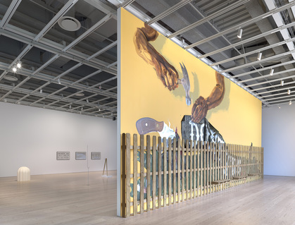 Installation view of PAT PHILLIPS‘s Untitled (Don’t Tread on Me), 2019, acrylic, oil pastel, airbrush, aerosol paint, wood, dimensions variable, at the Whitney Biennial 2019, Whitney Museum of American Art, New York, 2019. Photograph by Ron Amstutz. Courtesy Whitney Museum of American Art.