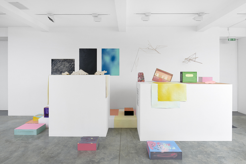 Installation view of SAM SAMIEE’s The Fabulous Theology of Koh-i-noor (Theologia Theatrica de Koh-i-noor), 2019, acrylic on Japanese rice paper, canvas, paper, balsa sticks and ceramic, dimensions variable, at “Nine Iranian Artists in London: The Spark is You,” Parasol Unit Foundation for Contemporary Art, London, 2019. Photo by Benjamin Westoby. Courtesy Parasol Unit Foundation for Contemporary Art.