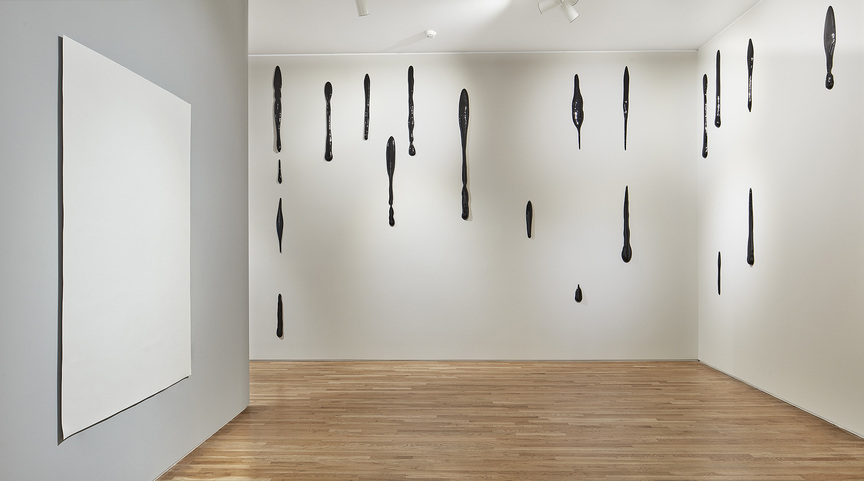 Installation view of LIU JIANHUA’s Blank Paper (left), 2009, porcelain, 110 × 60 × 0.6 cm; and Trace (right), 2011, porcelain, overall installation 300 × 300 cm with variable dimensions for each, at his solo exhibition at Pace Gallery, Palo Alto, 2019.