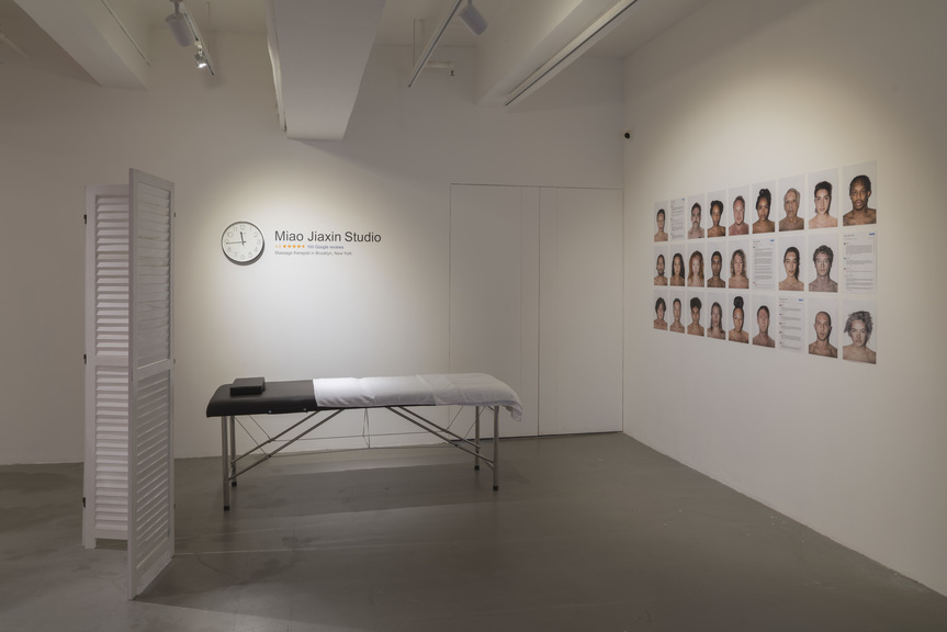 Installation view of MIAO JIAXIN’s Massage Therapist in Brooklyn, 2017–19, ongoing performance, Google page, and 27 prints in A4 size, dimensions variable, at “Bicycle Thieves,” Para Site, Hong Kong, 2019.