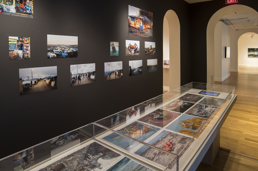 Partial installation view of ROKNI HAERIZADEH’s The Sun Shines on a Graveyard and Garden Alike, 2015–17, gesso, watercolor and ink on printed paper, each 29 × 42 cm, at “The Warmth of Other Suns: Stories of Global Displacement,” The Phillips Collection, Washington, DC, 2019.