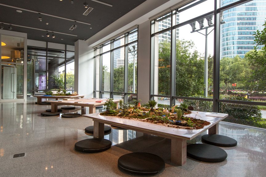 Installation view of ZHENG BO’s Eco-Socialist Garden, NYU Shanghai, 2019, workshop, maquettes, and ephemera, at “Goldenrod,” ICA at NYU Shanghai, 2019. Photo by Hong Xiaole. Courtesy of ICA at NYU Shanghai.