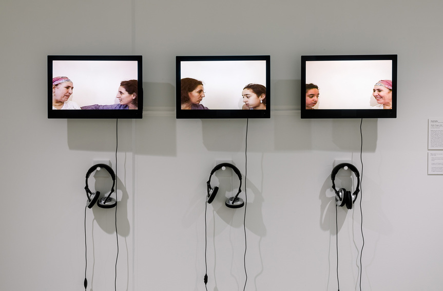 Installation view of ZINEB SEDIRA’s Mother Tongue, 2002, three-channel video: 4 min 38 sec each, at “History is Not Here: Art and the Arab Imaginary,” Minnesota Museum of American Art, 2019.