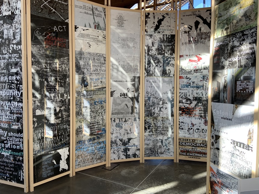 Installation view of NAVJOT ALTAF, Wheelers Book Stall Re-Visited, 2018, screen-printed texts, 126 posters, original digital prints on rice paper from Hahnemühle archives, 40.6 × 59.6 cm each, at “Samakaalik: Earth Democracy and Women’s Liberation,” Parco Arte Vivente, Turin, 2019–20. Courtesy the artist and Parco Arte Vivente.