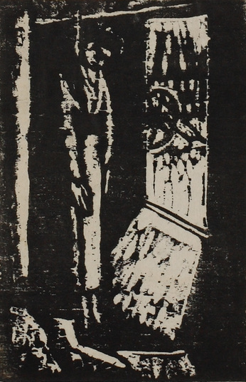 TADASHIGE ONO, Death of Three Generations #24, 1931, woodcut on paper, 12 × 7.8 cm. Courtesy Machida City Museum of Graphic Arts.