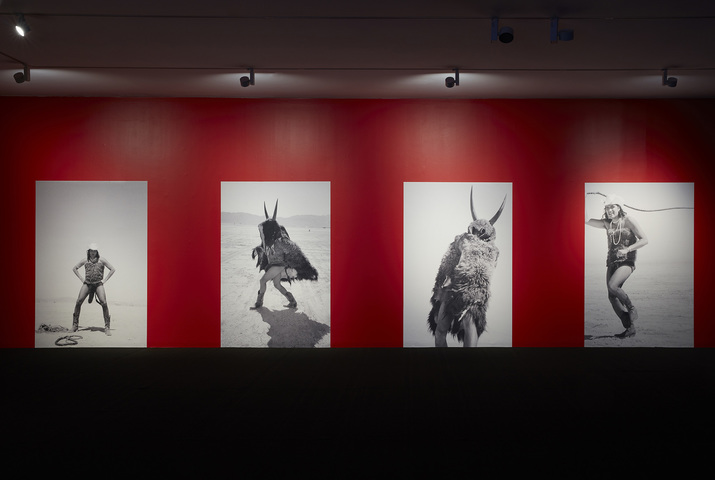 Installation view of ADRIAN STIMSON’s (left to right) Buffalo Boy High Noon, Shaman Exterminator, Buffalo Boy, all 2004, black and white 35 mm film, archival inkjet print, 60 × 40 cm, at the 22nd Biennale of Sydney, Campbelltown Arts Centre, 2020. Courtesy Biennale of Sydney.